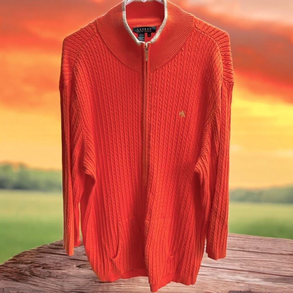 Ralph Lauren Plus 1X Orange Cable Knit Zip Cardigan Sweater